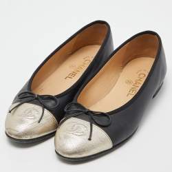 Chanel Black/Gold Leather CC Bow Ballet Flats Size 37.5