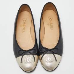 Chanel Black/Gold Leather CC Bow Ballet Flats Size 37.5