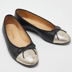 Chanel Black/Gold Leather CC Bow Ballet Flats Size 37.5