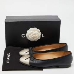 Chanel Black/Gold Leather CC Bow Ballet Flats Size 37.5