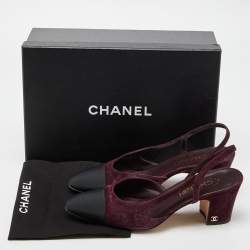 Pre Owned Chanel Burgundy/Black Velvet and Canvas Block Heels Slingback Sandals Size 39