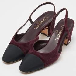 Pre Owned Chanel Burgundy/Black Velvet and Canvas Block Heels Slingback Sandals Size 39
