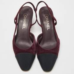 Pre Owned Chanel Burgundy/Black Velvet and Canvas Block Heels Slingback Sandals Size 39
