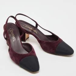 Pre Owned Chanel Burgundy/Black Velvet and Canvas Block Heels Slingback Sandals Size 39