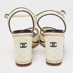 Pre Owned Chanel Cream Quilted Leather CC Ankle Strap Pumps Size 41