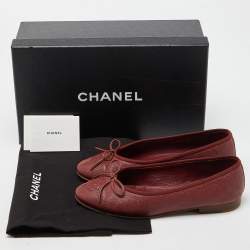 Pre Owned Chanel Maroon Caviar Leather CC Bow Ballet Flats Size 35.5
