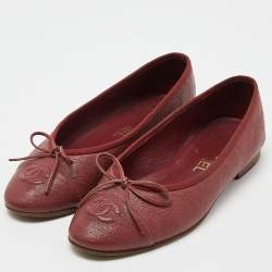 Pre Owned Chanel Maroon Caviar Leather CC Bow Ballet Flats Size 35.5
