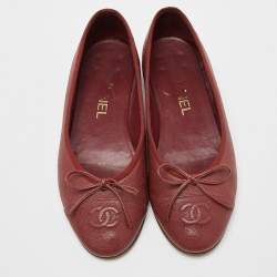 Pre Owned Chanel Maroon Caviar Leather CC Bow Ballet Flats Size 35.5