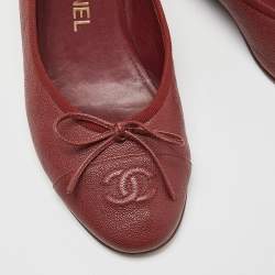 Pre Owned Chanel Maroon Caviar Leather CC Bow Ballet Flats Size 35.5