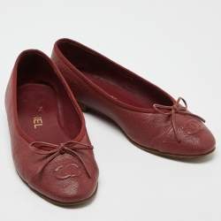 Pre Owned Chanel Maroon Caviar Leather CC Bow Ballet Flats Size 35.5
