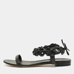 Chanel Black Leather Camellia Ankle Strap Flat Sandals Size 40.5