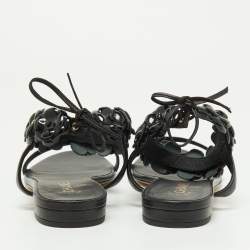 Chanel Black Leather Camellia Ankle Strap Flat Sandals Size 40.5