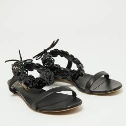 Chanel Black Leather Camellia Ankle Strap Flat Sandals Size 40.5