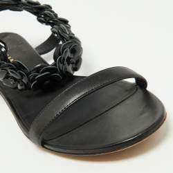 Chanel Black Leather Camellia Ankle Strap Flat Sandals Size 40.5