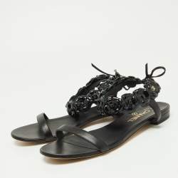 Chanel Black Leather Camellia Ankle Strap Flat Sandals Size 40.5