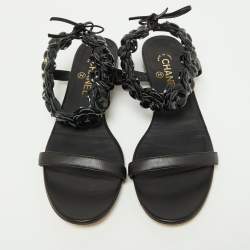 Chanel Black Leather Camellia Ankle Strap Flat Sandals Size 40.5