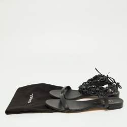 Chanel Black Leather Camellia Ankle Strap Flat Sandals Size 40.5