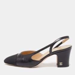 Pre Owned Chanel Black Leather CC Cap Toe Slingback Pumps Size 35 