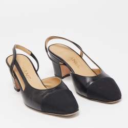 Pre Owned Chanel Black Leather CC Cap Toe Slingback Pumps Size 35 