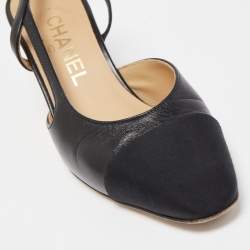 Pre Owned Chanel Black Leather CC Cap Toe Slingback Pumps Size 35 