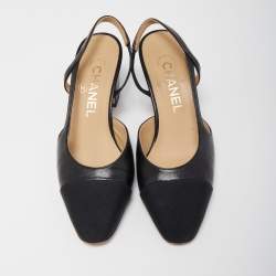 Pre Owned Chanel Black Leather CC Cap Toe Slingback Pumps Size 35 