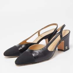 Pre Owned Chanel Black Leather CC Cap Toe Slingback Pumps Size 35 