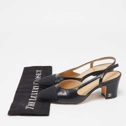 Pre Owned Chanel Black Leather CC Cap Toe Slingback Pumps Size 35 
