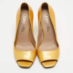 Chanel Yellow Patent Leather Peep Toe Block Heel Pumps Size 36