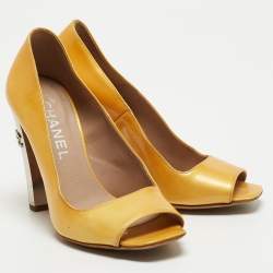 Chanel Yellow Patent Leather Peep Toe Block Heel Pumps Size 36