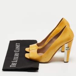 Chanel Yellow Patent Leather Peep Toe Block Heel Pumps Size 36
