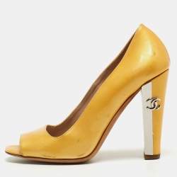 Chanel Yellow Patent Leather Peep Toe Block Heel Pumps Size 36