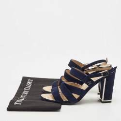 Chanel Navy Blue Suede Block Heel Ankle Strap Sandals Size 38