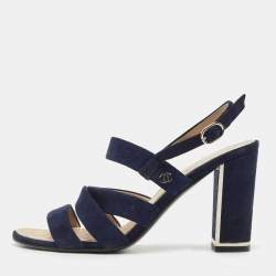 Chanel Navy Blue Suede Block Heel Ankle Strap Sandals Size 38