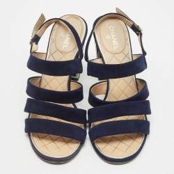 Chanel Navy Blue Suede Block Heel Ankle Strap Sandals Size 38
