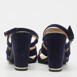 Chanel Navy Blue Suede Block Heel Ankle Strap Sandals Size 38