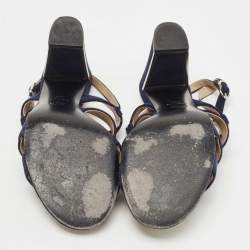 Chanel Navy Blue Suede Block Heel Ankle Strap Sandals Size 38