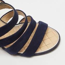 Chanel Navy Blue Suede Block Heel Ankle Strap Sandals Size 38
