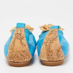 Pre Owned Chanel Blue/Beige Leather and Cork Cap Toe Camellia CC Ballet Flats Size 41