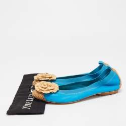 Pre Owned Chanel Blue/Beige Leather and Cork Cap Toe Camellia CC Ballet Flats Size 41