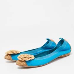 Pre Owned Chanel Blue/Beige Leather and Cork Cap Toe Camellia CC Ballet Flats Size 41
