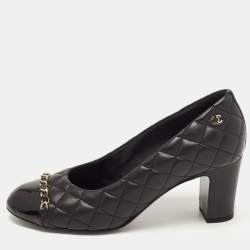 Chanel Black Quilted Leather CC Chain Cap Toe Pumps Size 38