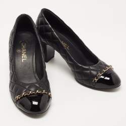 Chanel Black Quilted Leather CC Chain Cap Toe Pumps Size 38