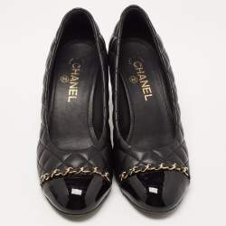 Chanel Black Quilted Leather CC Chain Cap Toe Pumps Size 38