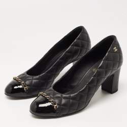 Chanel Black Quilted Leather CC Chain Cap Toe Pumps Size 38