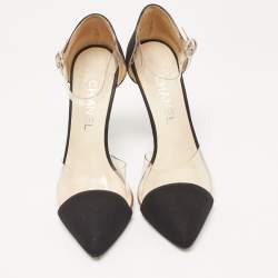 Pre Owned Chanel Black Fabric and PVC CC Ankle Strap Pumps Size 38