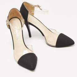Pre Owned Chanel Black Fabric and PVC CC Ankle Strap Pumps Size 38