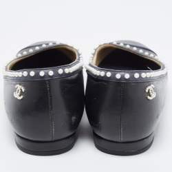 Chanel Black/Navy Blue Leather Pearl Trim CC Ballet Flats Size 38