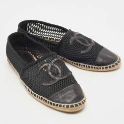 Chanel Black Mesh and Leather CC Espadrille Flats Size 40