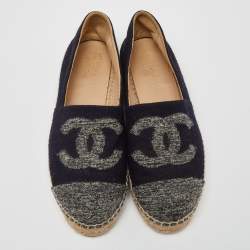 Chanel Blue/Grey Wool CC Cap Toe Espadrille Flats Size 38