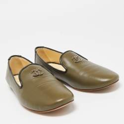 Chanel Green Leather CC Smoking Slippers Size 40